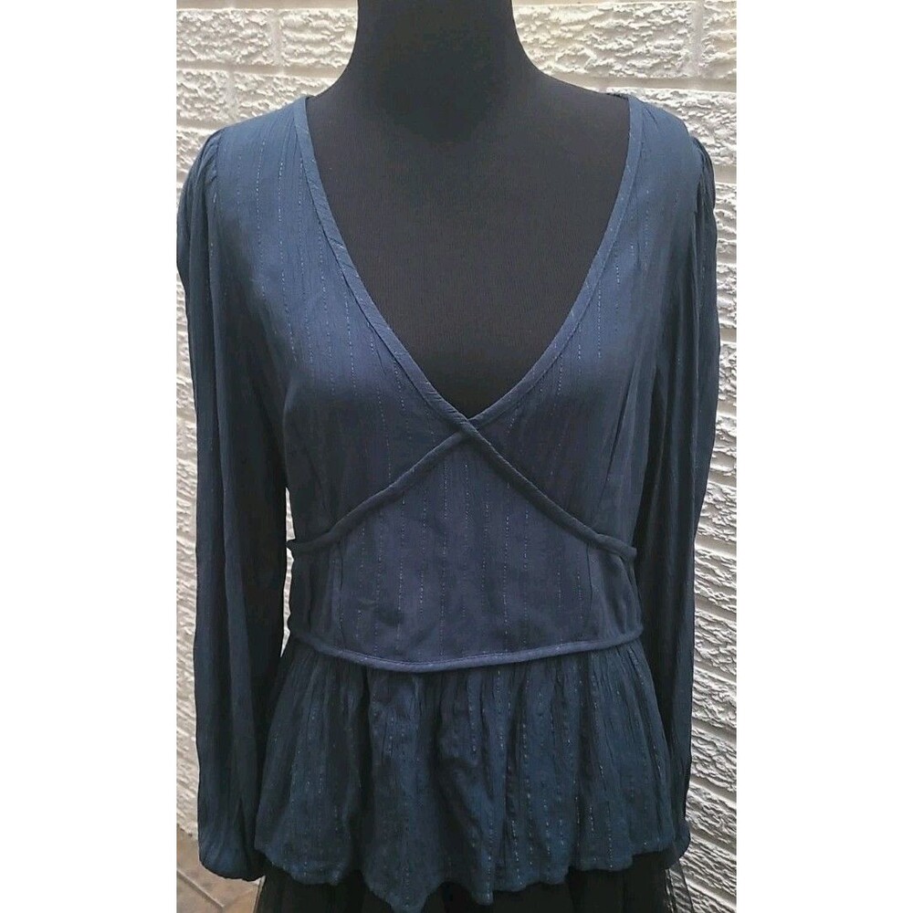 Knox Rose Top Women Large Teal Blue Metallic Thread Peplum Long Sleeve Boho NWT